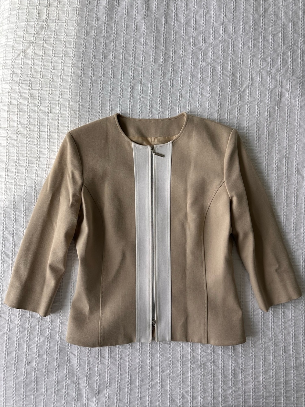 Beige and White Zip-Front Tailored Jacket